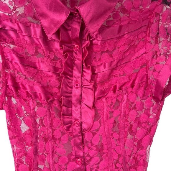NY Collection Hot Pink Lace Ribbon Detail Short Sleeve Button Up Top Sz M Women - Picture 2 of 6